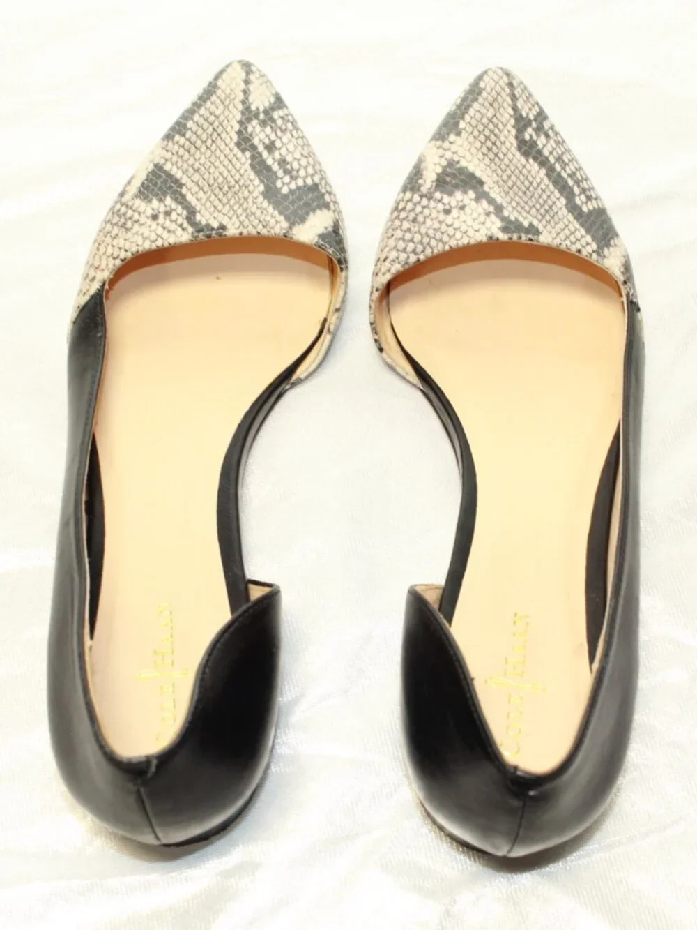 Cole Haan SZ 8.5 B Black Leather Snakeskin Print Pointy Toe Amalia D'orsay Flats